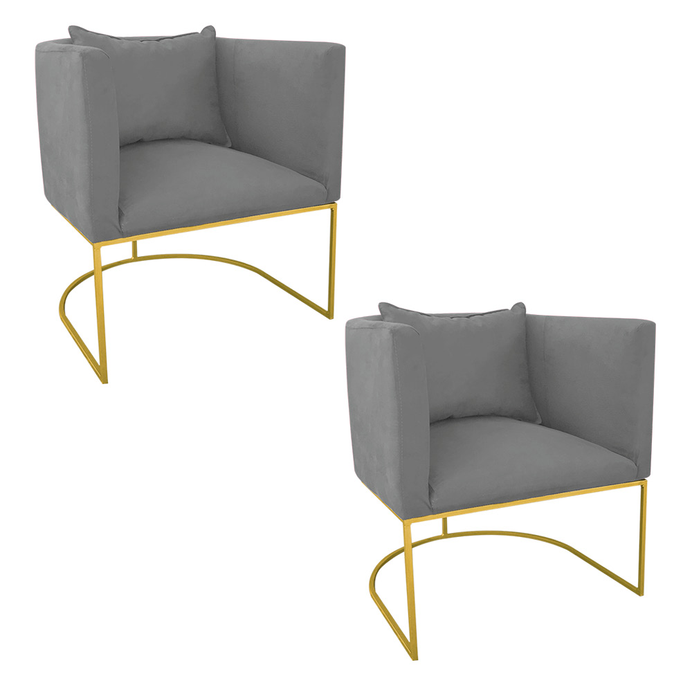 Kit 02 Poltronas Paola Suede Grafite Base Metálica Dourado - D'Rossi