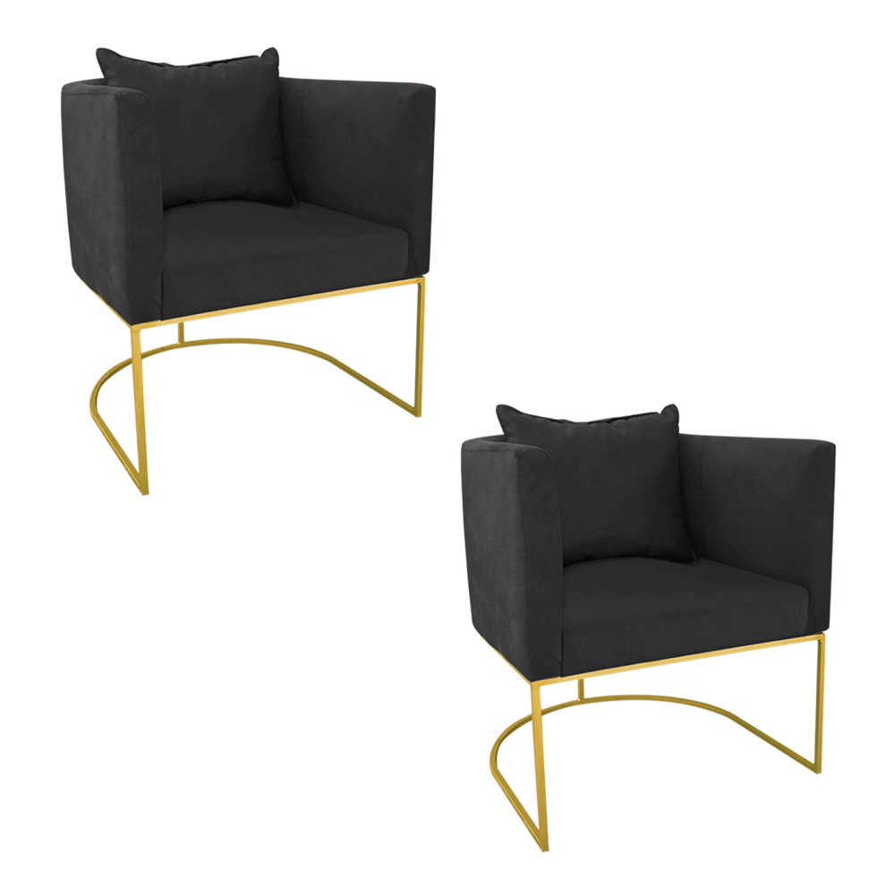 Kit 02 Poltronas Paola Suede Preto Base Metálica Dourado - D'Rossi
