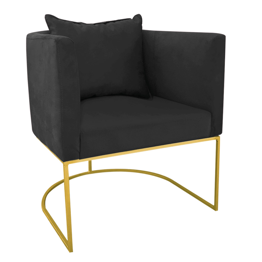 Kit 02 Poltronas Paola Suede Preto Base Metálica Dourado - D'Rossi