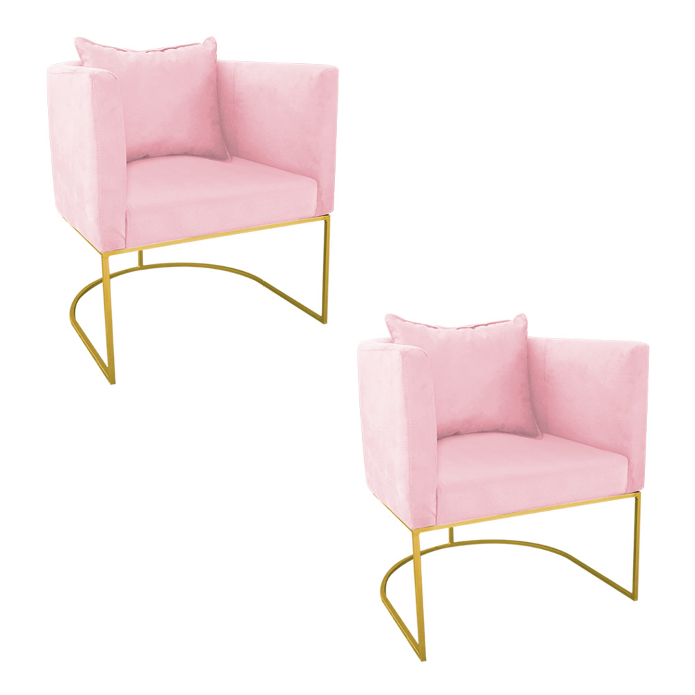 Kit 02 Poltronas Paola Suede Rosa Bebê Base Metálica Dourado - D'Rossi