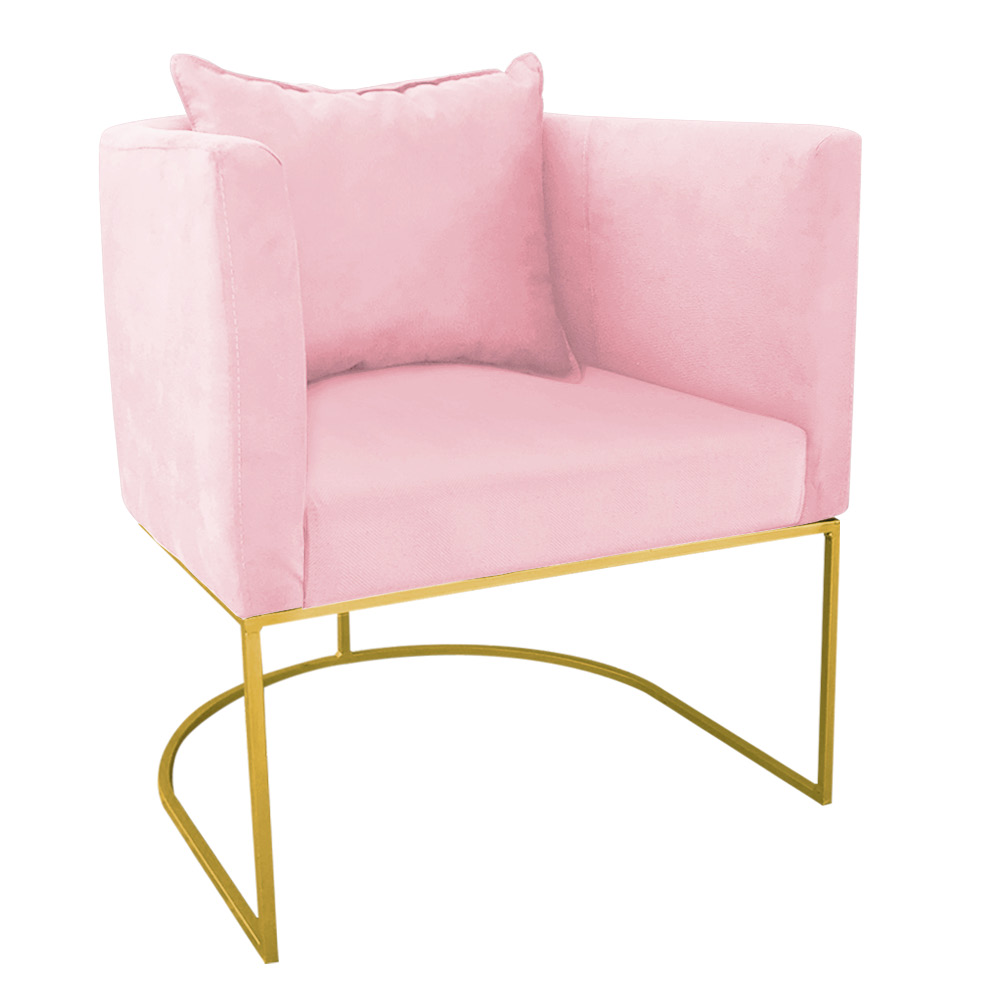 Kit 02 Poltronas Paola Suede Rosa Bebê Base Metálica Dourado - D'Rossi
