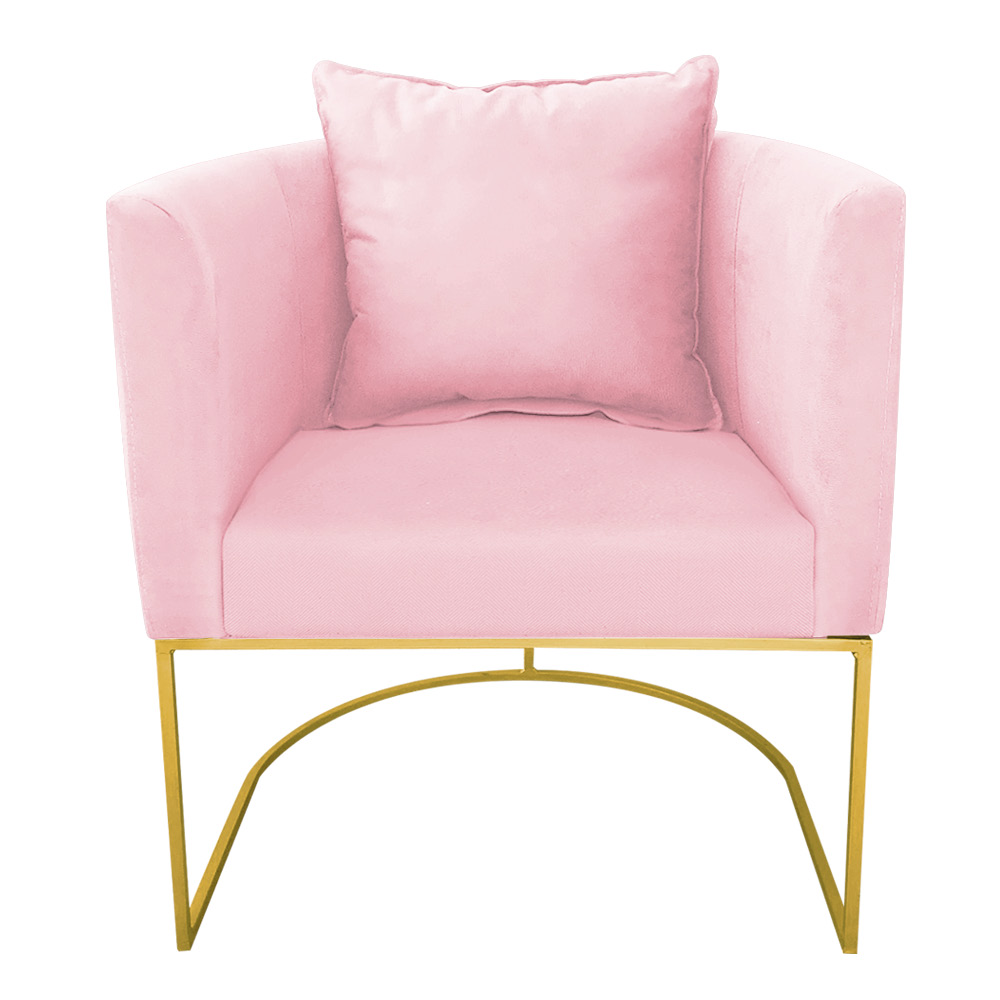 Kit 02 Poltronas Paola Suede Rosa Bebê Base Metálica Dourado - D'Rossi