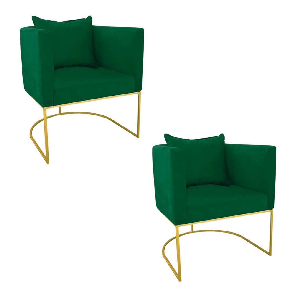 Kit 02 Poltronas Paola Suede Verde Base Metálica Dourado - D'Rossi