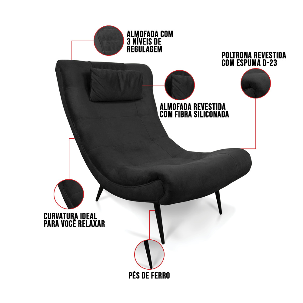 Kit 02 Poltronas Sher Suede Preto Pés Palito de Ferro - D'Rossi