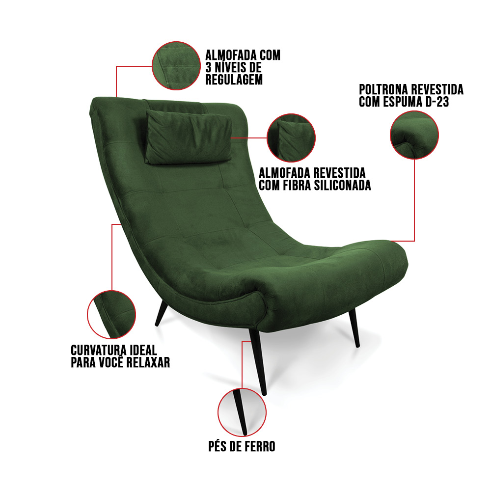Kit 02 Poltronas Sher Suede Verde Pés Palito de Ferro - D'Rossi