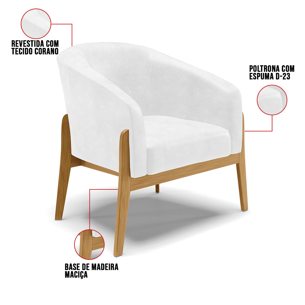 Kit 02 Poltronas Stella Corano Branco Base Madeira Castanho - D'Rossi