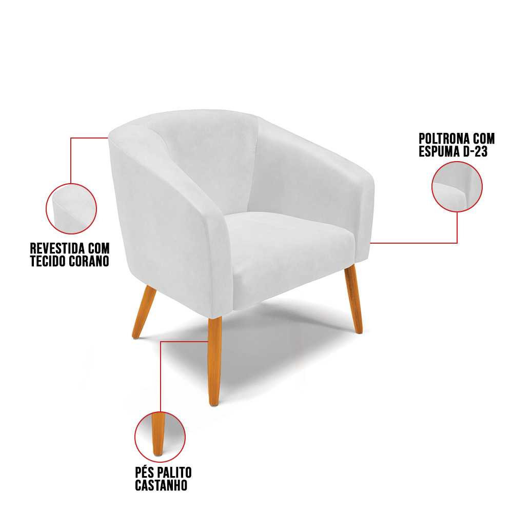 Kit 02 Poltronas Stella Corano Branco Pés Palito Castanho - D'Rossi