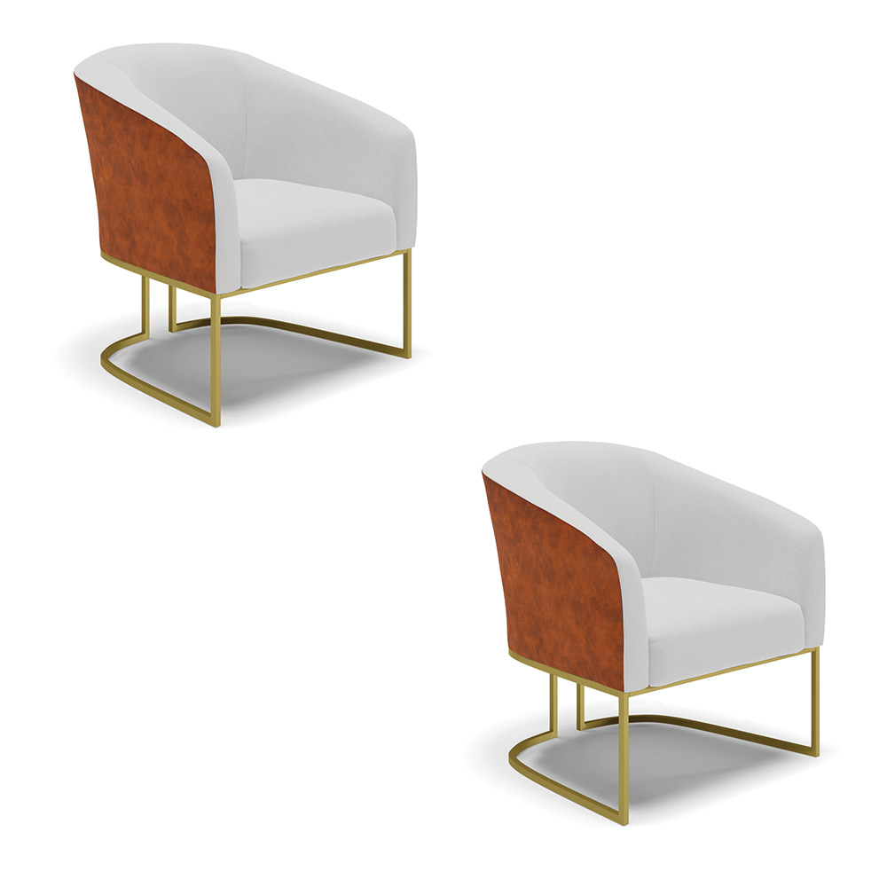 Kit 02 Poltronas Stella Corano Nozes com Linho Cinza A05 Base Metálica Industrial Dourado - D'Rossi
