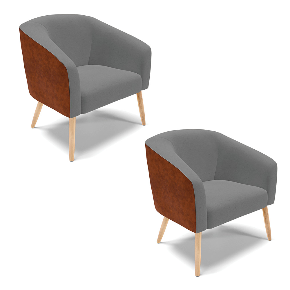 Kit 02 Poltronas Stella Corano Nozes com Linho Cinza A26 Pés Palito Natural - D'Rossi