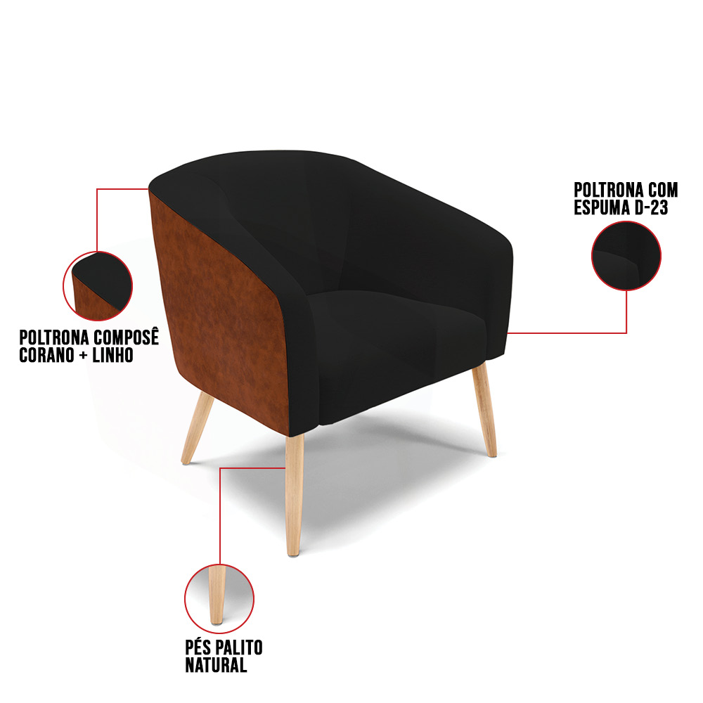Kit 02 Poltronas Stella Corano Nozes com Linho Preto A79 Pés Palito Natural - D'Rossi