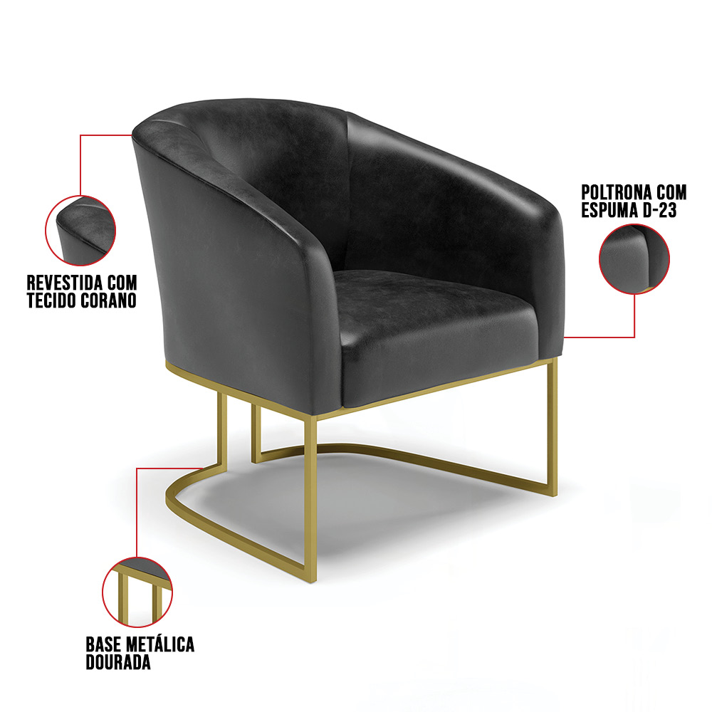 Kit 02 Poltronas Stella Corano Preto Base Metálica Industrial Dourado - D'Rossi