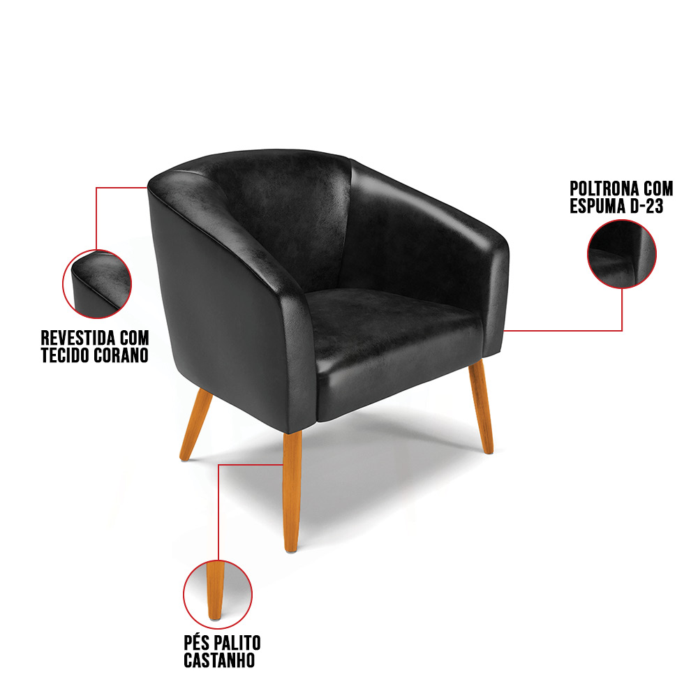 Kit 02 Poltronas Stella Corano Preto Pés Palito Castanho - D'Rossi