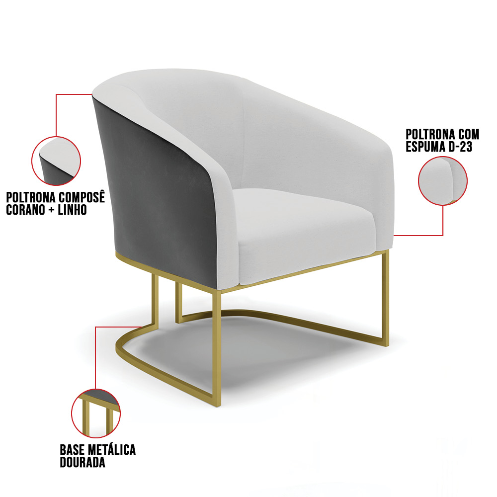 Kit 02 Poltronas Stella Corano Preto com Linho Cinza A05 Base Metálica Industrial Dourado - D'Rossi