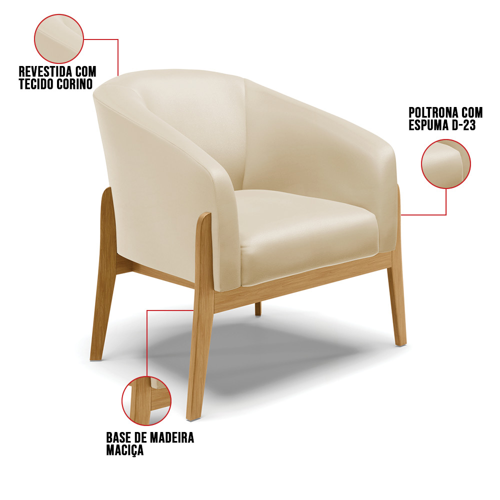 Kit 02 Poltronas Stella Corino Bege Base Madeira Castanho - D'Rossi