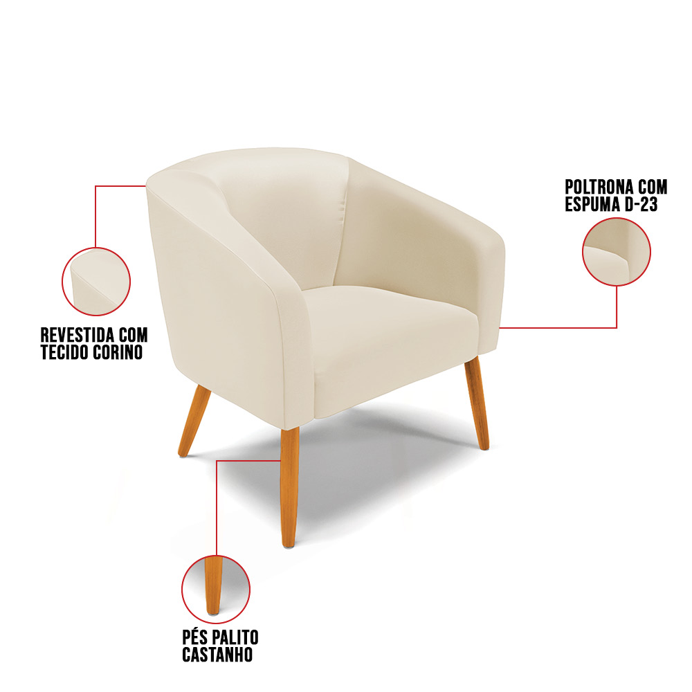 Kit 02 Poltronas Stella Corino Bege Pés Palito Castanho - D'Rossi