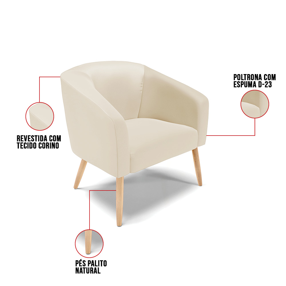 Kit 02 Poltronas Stella Corino Bege Pés Palito Natural - D'Rossi
