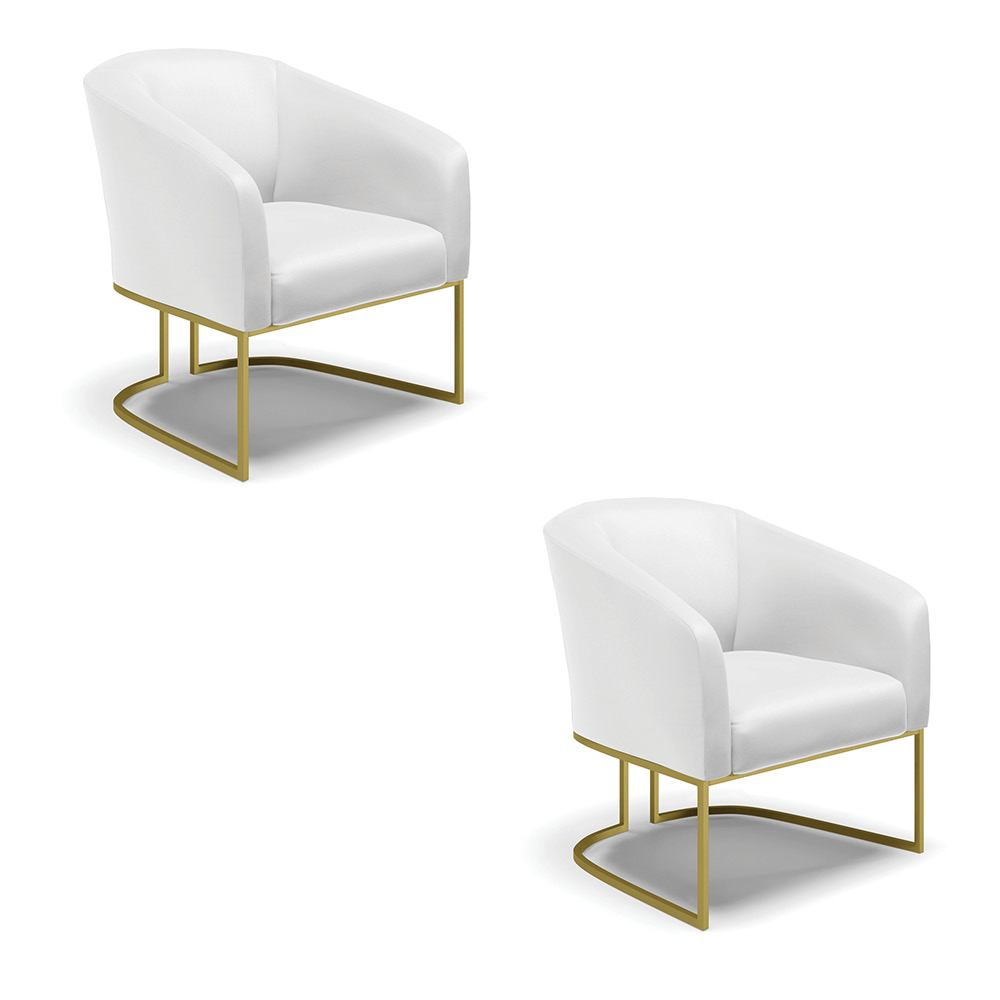 Kit 02 Poltronas Stella Corino Branco Base Metálica Industrial Dourado - D'Rossi