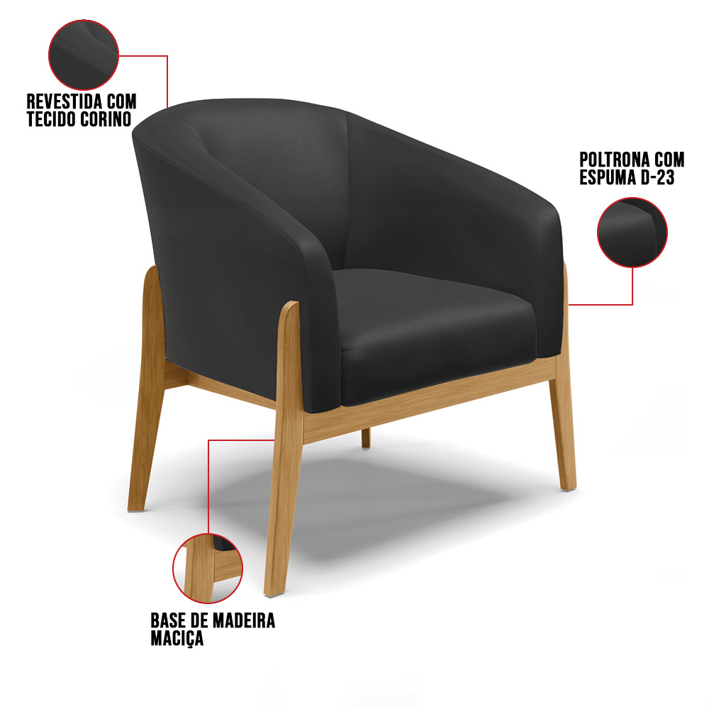 Kit 02 Poltronas Stella Corino Preto Base Madeira Castanho - D'Rossi