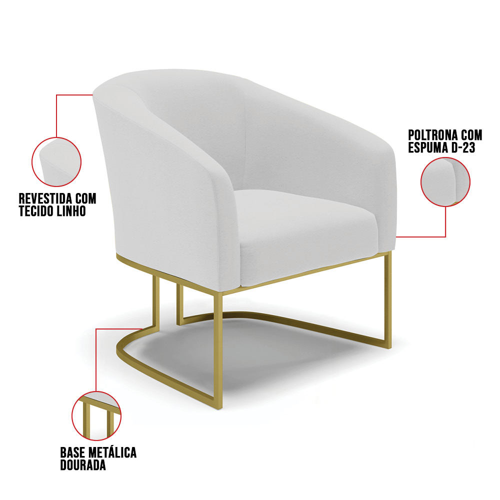 Kit 02 Poltronas Stella Linho Cinza A05 Base Metálica Industrial Dourado - D'Rossi