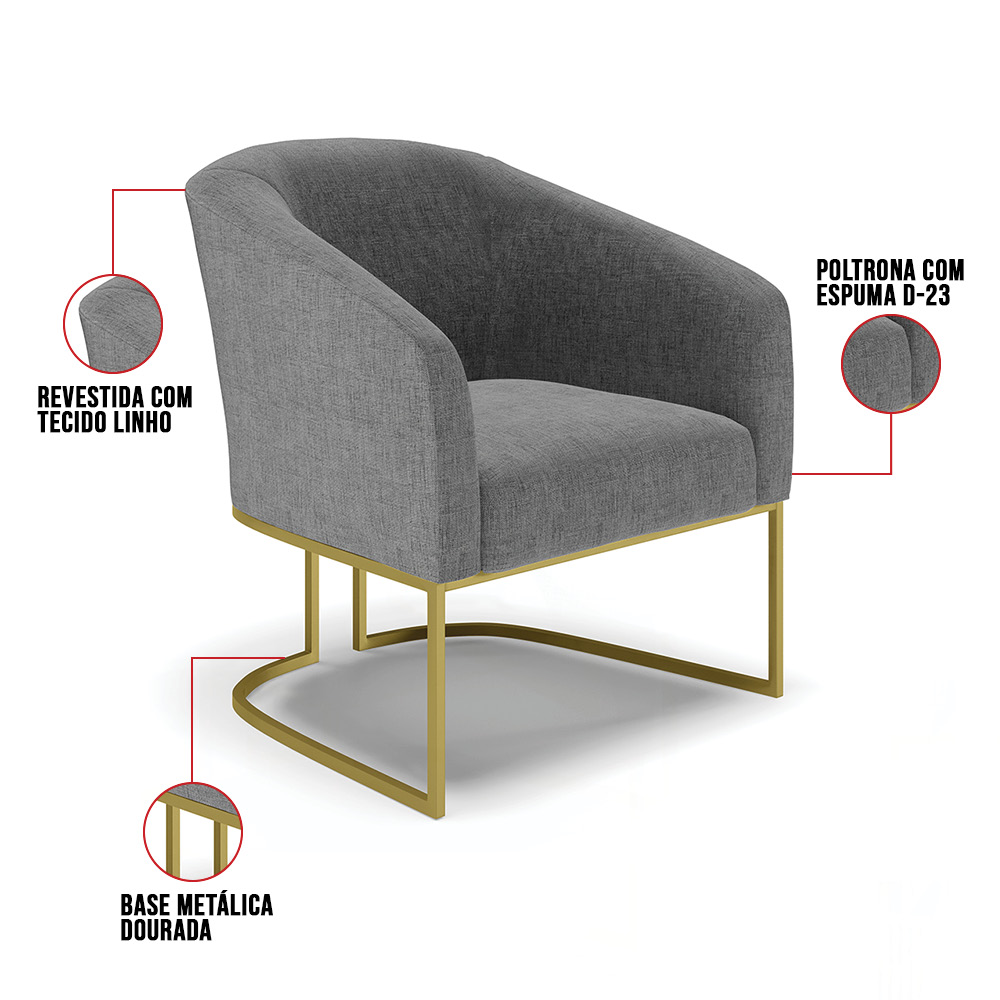 Kit 02 Poltronas Stella Linho Grafite A26 Base Metálica Industrial Dourado - D'Rossi