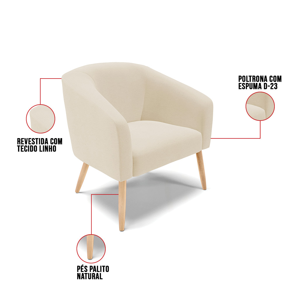 Kit 02 Poltronas Stella Linho Grosso Bege A19 Pés Palito Natural - D'Rossi