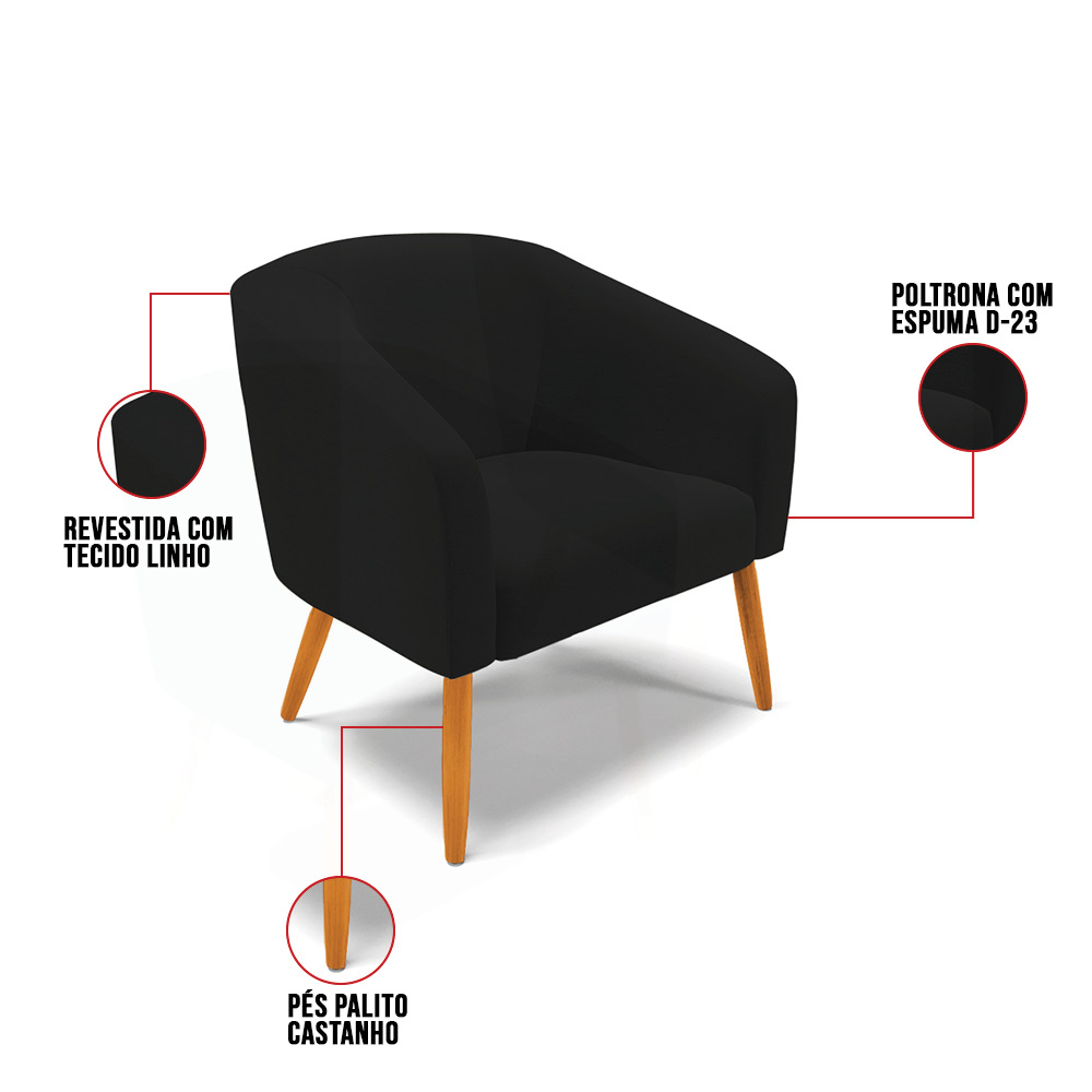 Kit 02 Poltronas Stella Linho Preto A79 Pés Palito Castanho - D'Rossi
