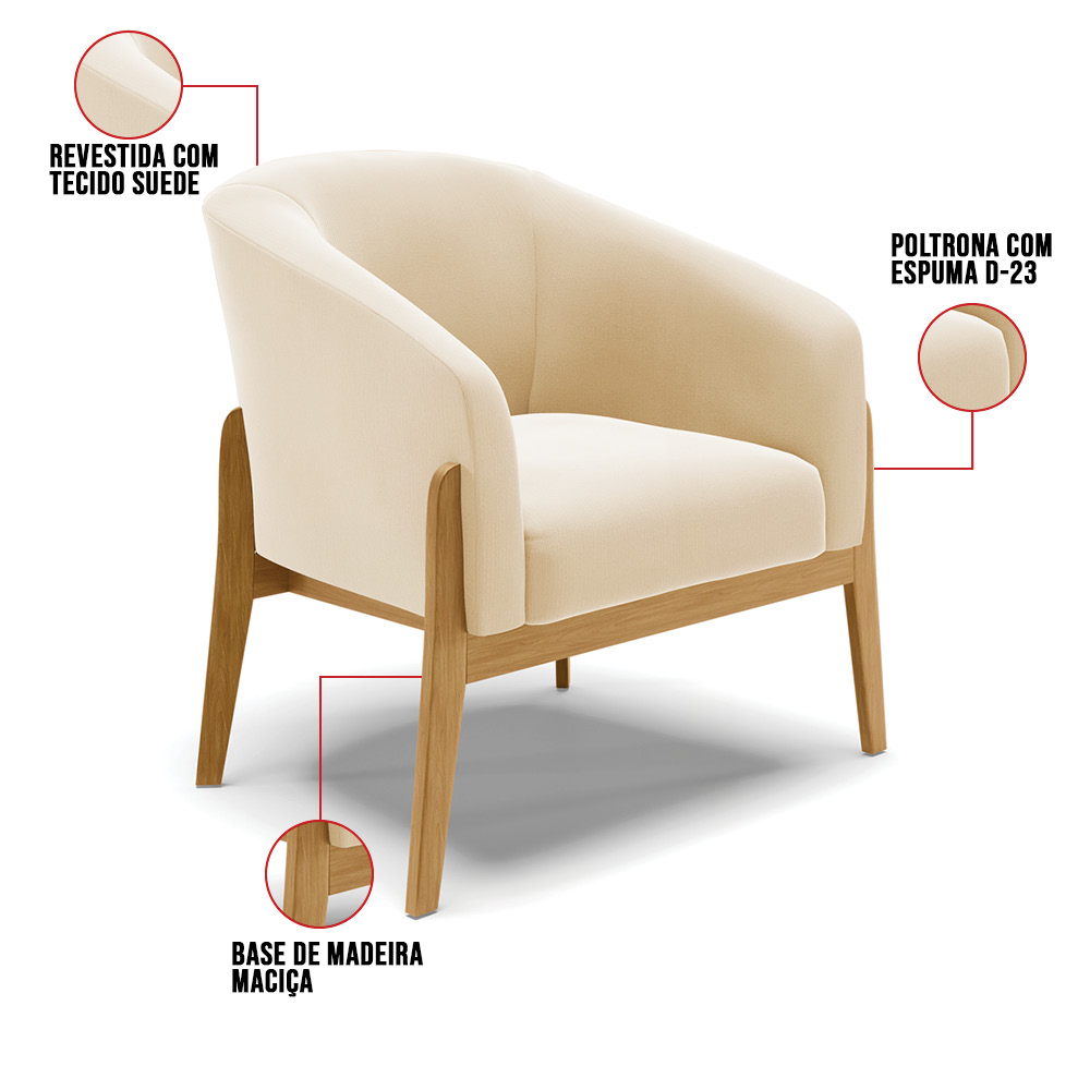 Kit 02 Poltronas Stella Suede Bege Base Madeira Castanho - D'Rossi