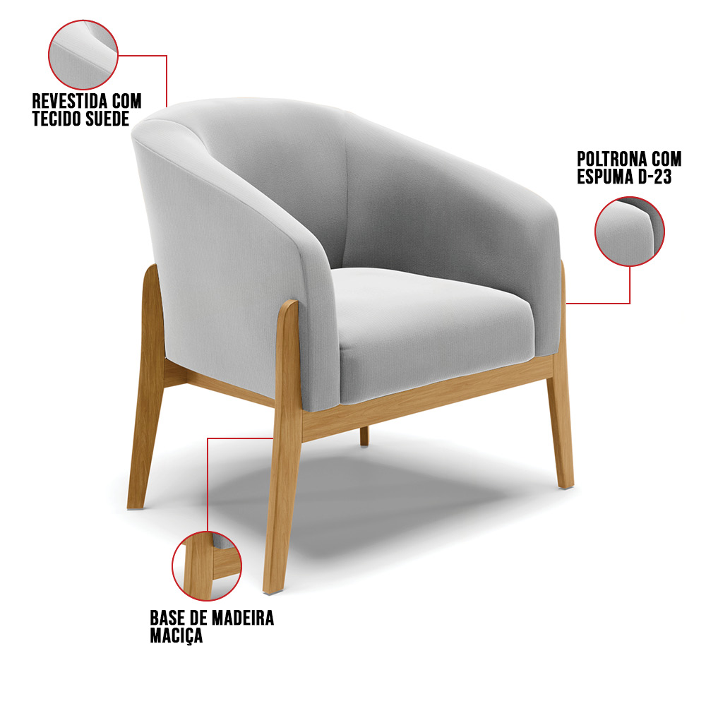 Kit 02 Poltronas Stella Suede Cinza Base Madeira Castanho - D'Rossi