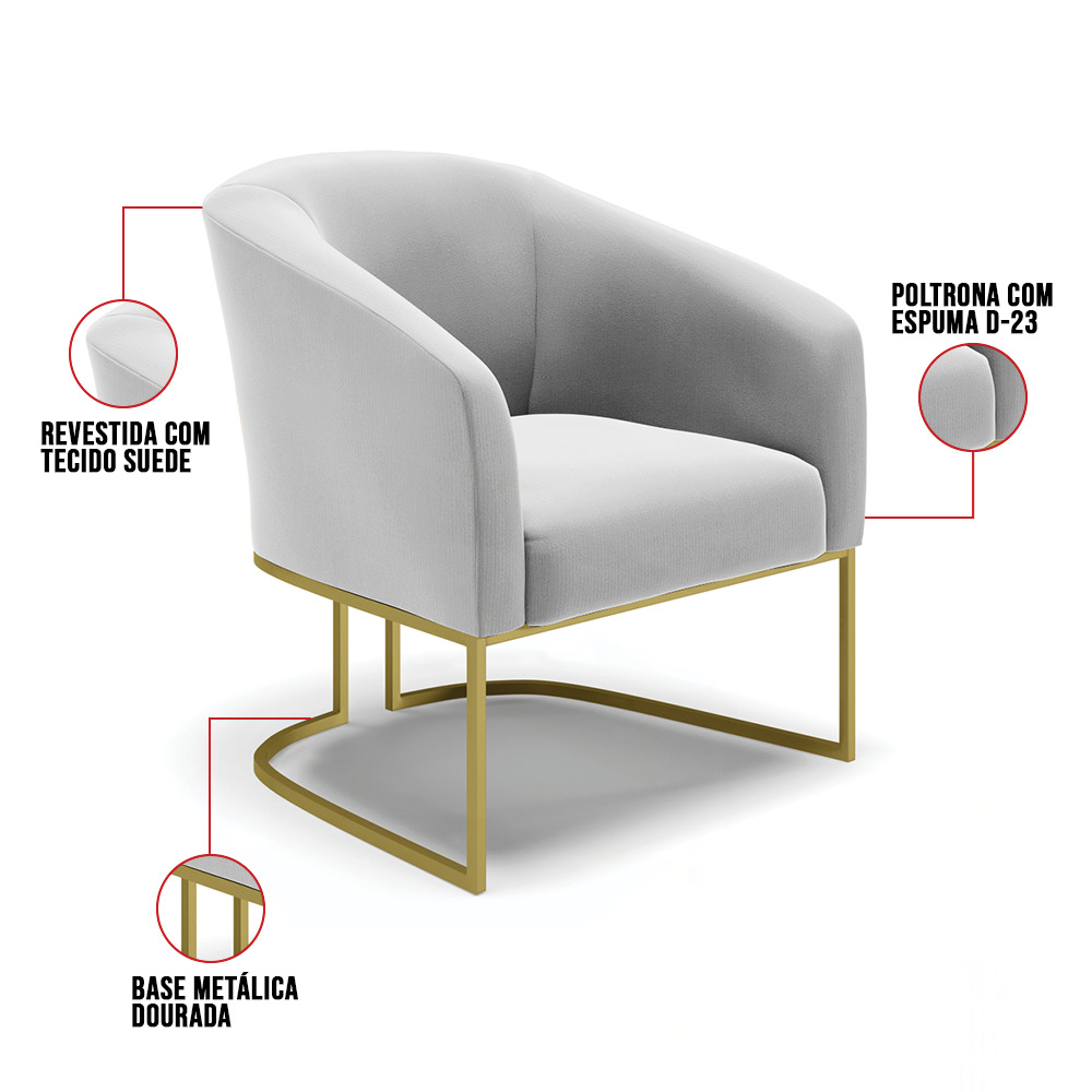 Kit 02 Poltronas Stella Suede Cinza Base Metálica Industrial Dourado - D'Rossi