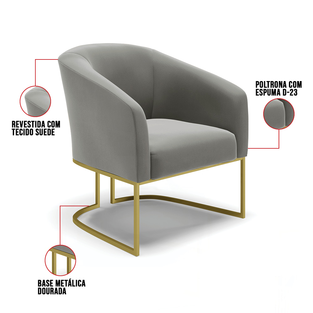 Kit 02 Poltronas Stella Suede Grafite Base Metálica Industrial Dourado - D'Rossi