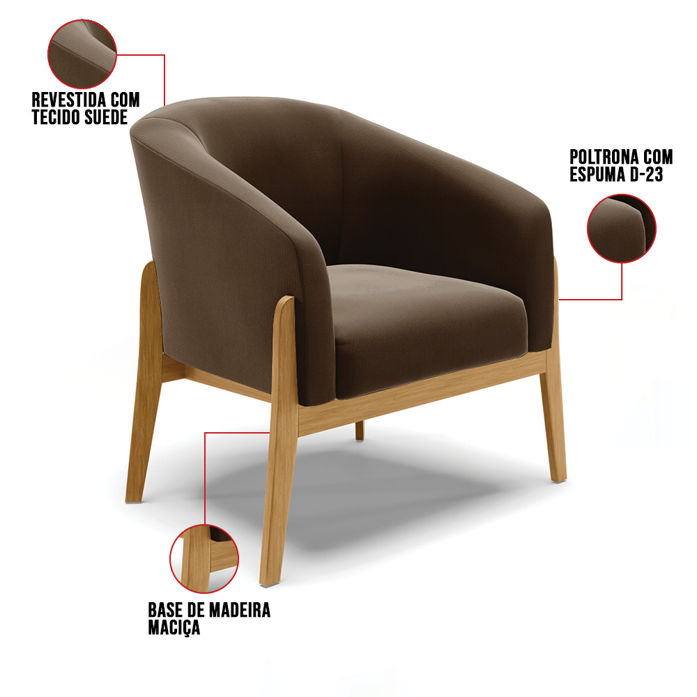 Kit 02 Poltronas Stella Suede Marrom Base Madeira Castanho - D'Rossi