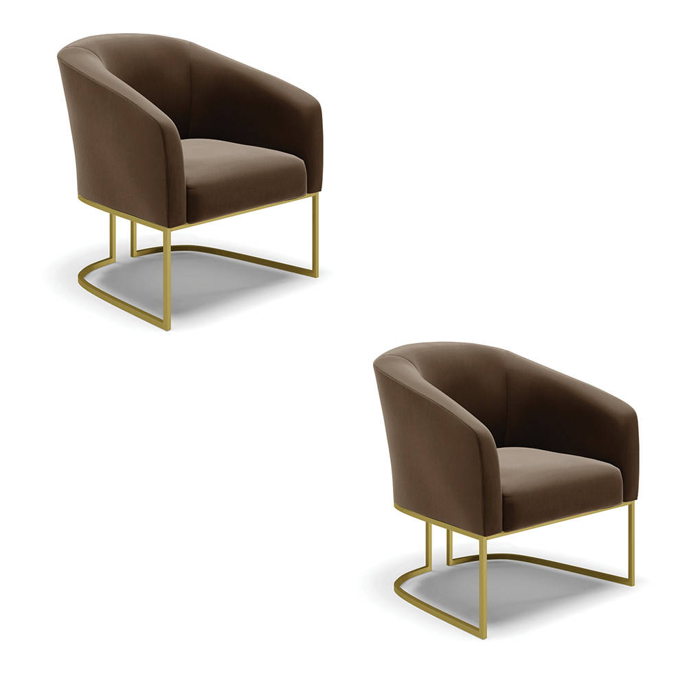Kit 02 Poltronas Stella Suede Marrom Base Metálica Industrial Dourado - D'Rossi