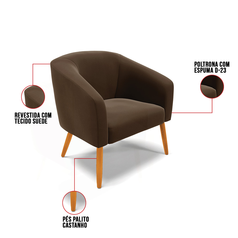 Kit 02 Poltronas Stella Suede Marrom Pés Palito Castanho D'Rossi
