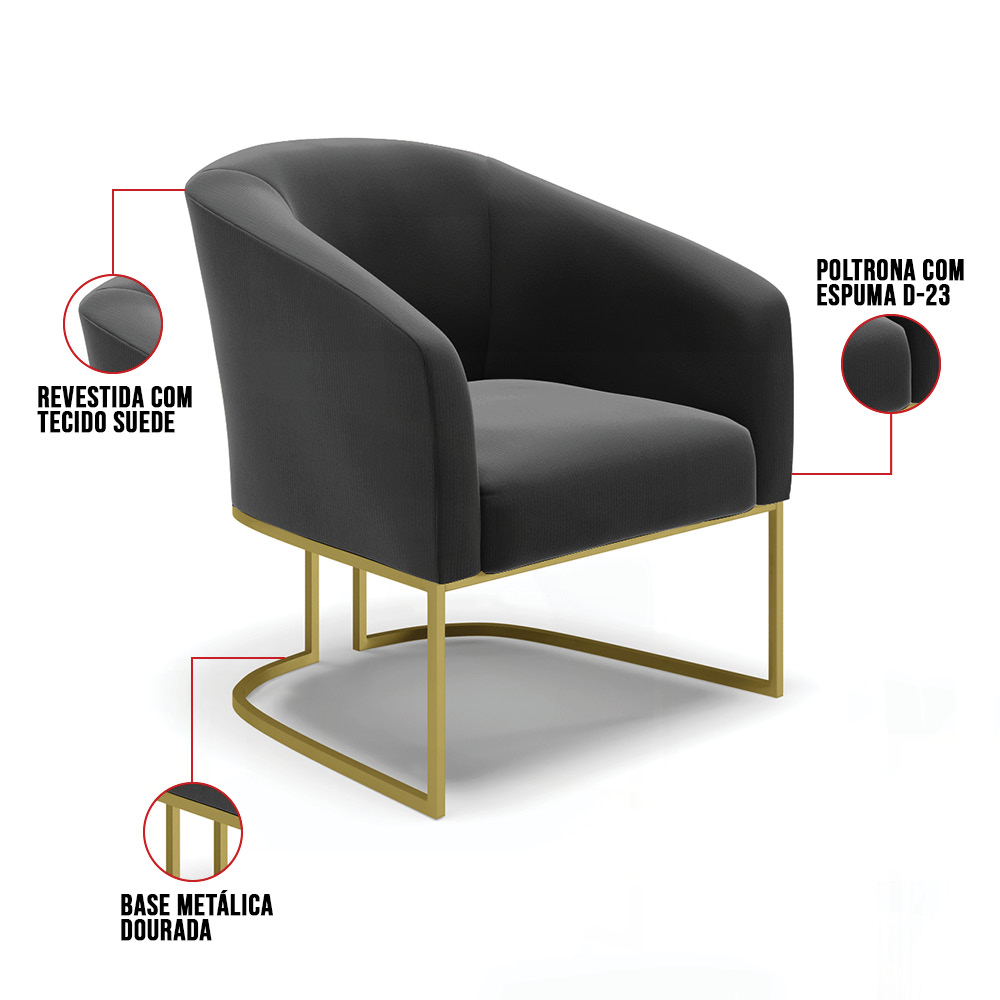 Kit 02 Poltronas Stella Suede Preto Base Metálica Industrial Dourado - D'Rossi