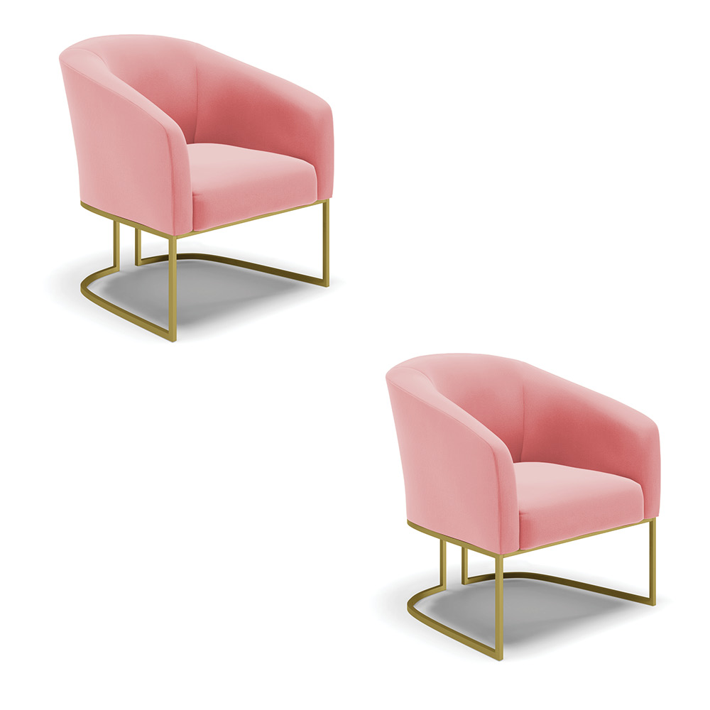Kit 02 Poltronas Stella Suede Rosê Base Metálica Industrial Dourado - D'Rossi