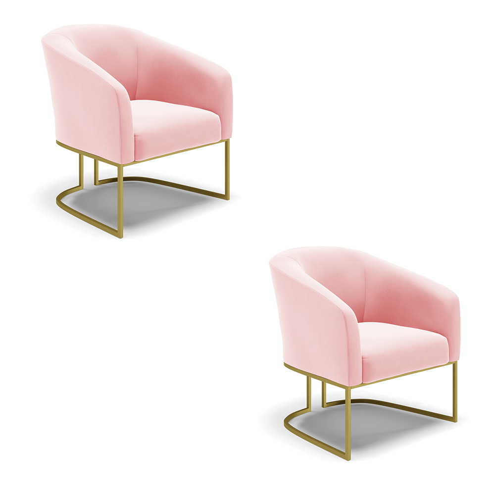 Kit 02 Poltronas Stella Suede Rosa Bebê Base Metálica Industrial Dourado - D'Rossi