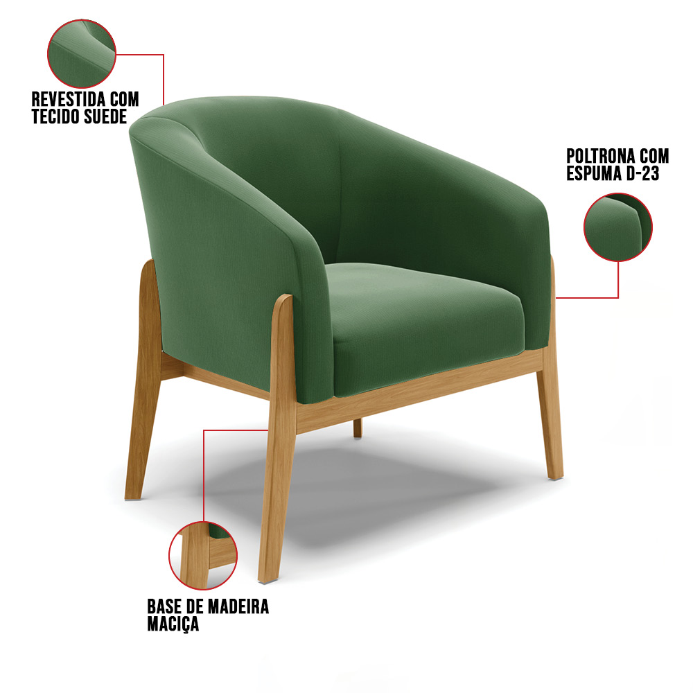 Kit 02 Poltronas Stella Suede Verde Base Madeira Castanho - D'Rossi