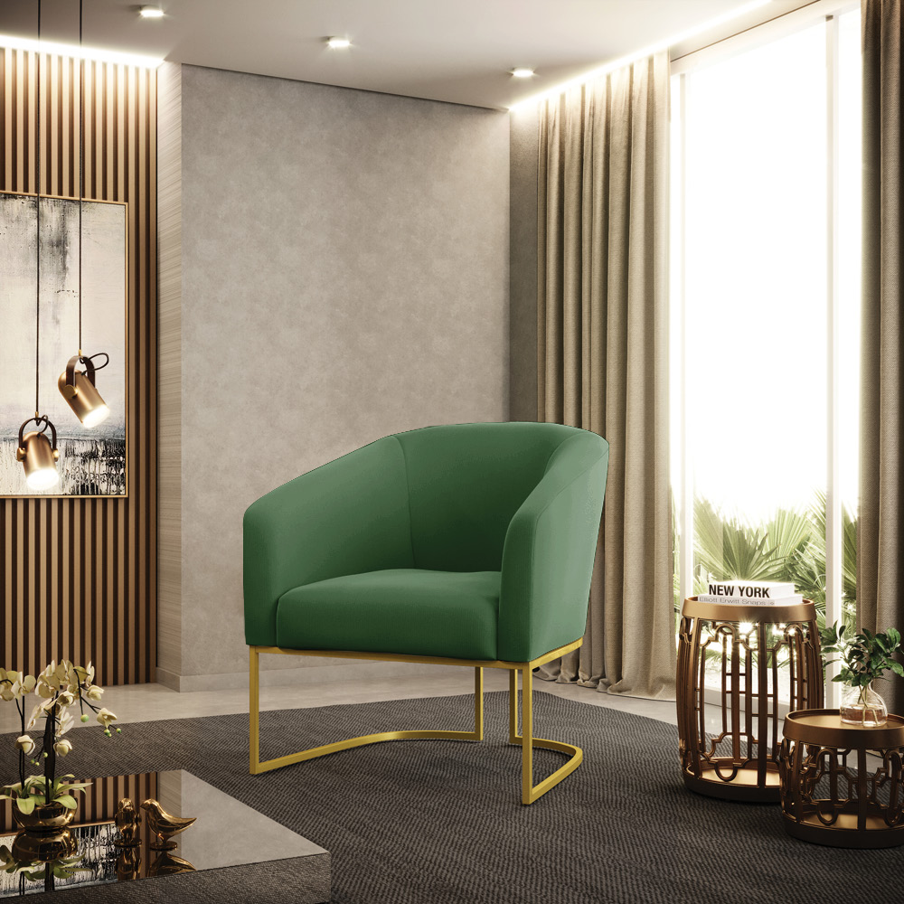 Kit 02 Poltronas Stella Suede Verde Base Metálica Industrial Dourado - D'Rossi
