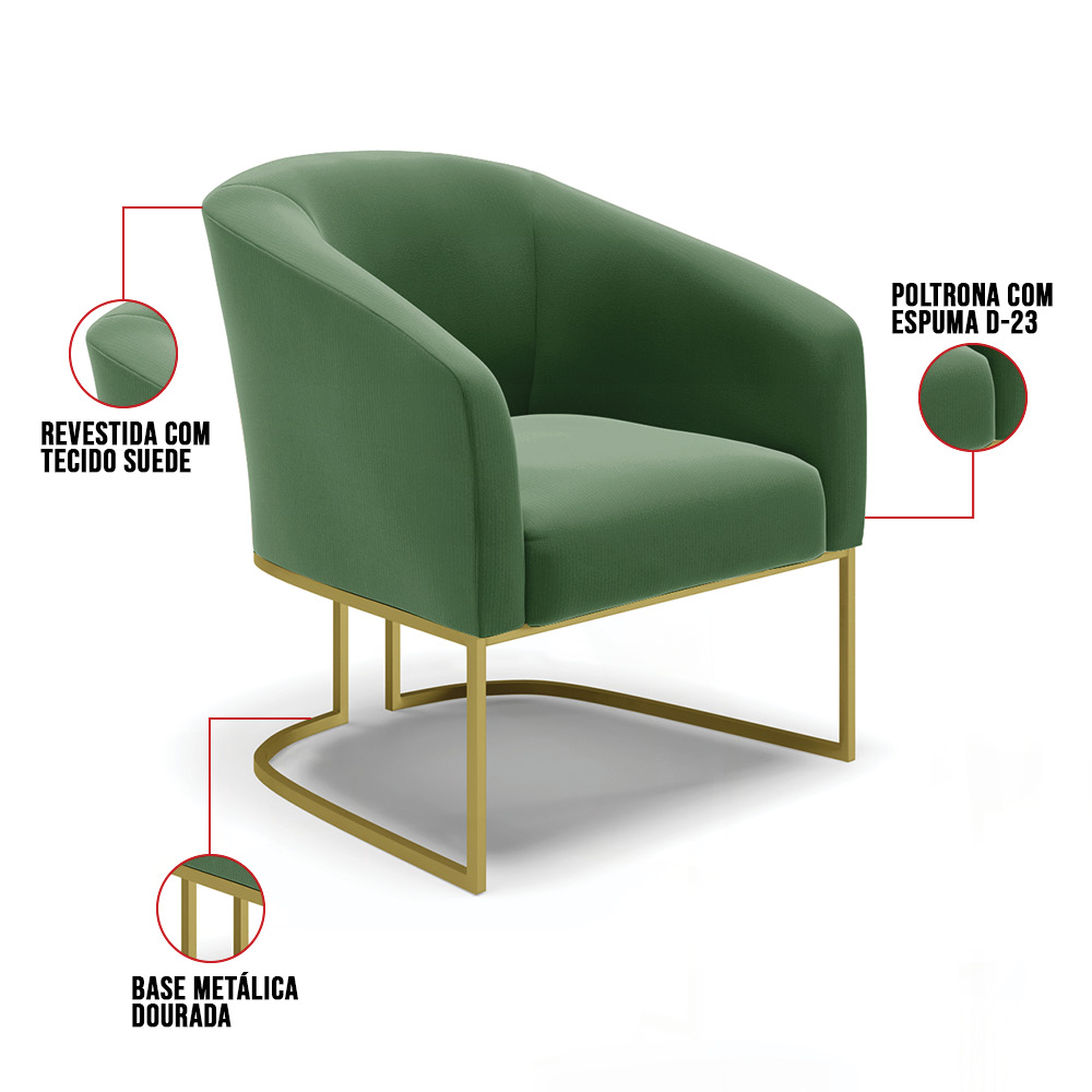 Kit 02 Poltronas Stella Suede Verde Base Metálica Industrial Dourado - D'Rossi