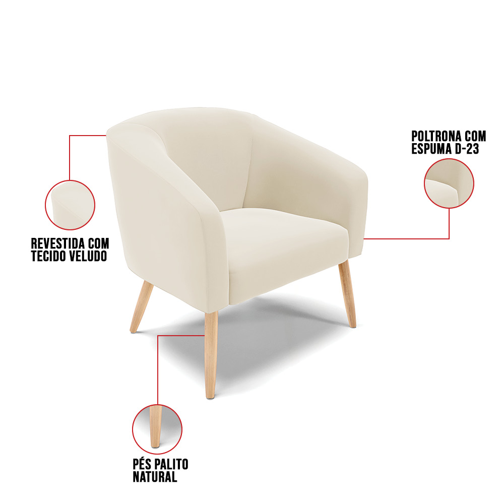 Kit 02 Poltronas Stella Veludo Bege Pés Palito Natural - D'Rossi