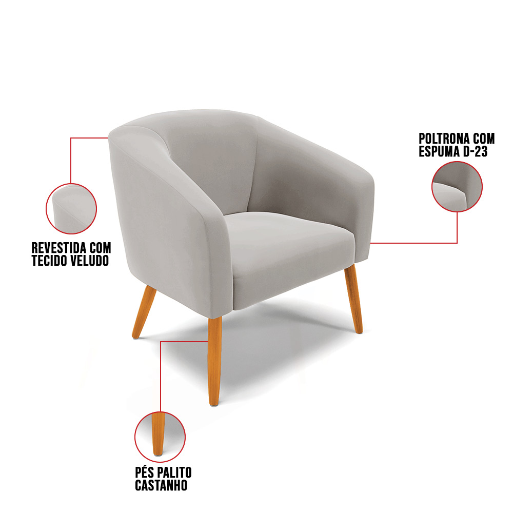Kit 02 Poltronas Stella Veludo Cinza Pés Palito Castanho - D'Rossi