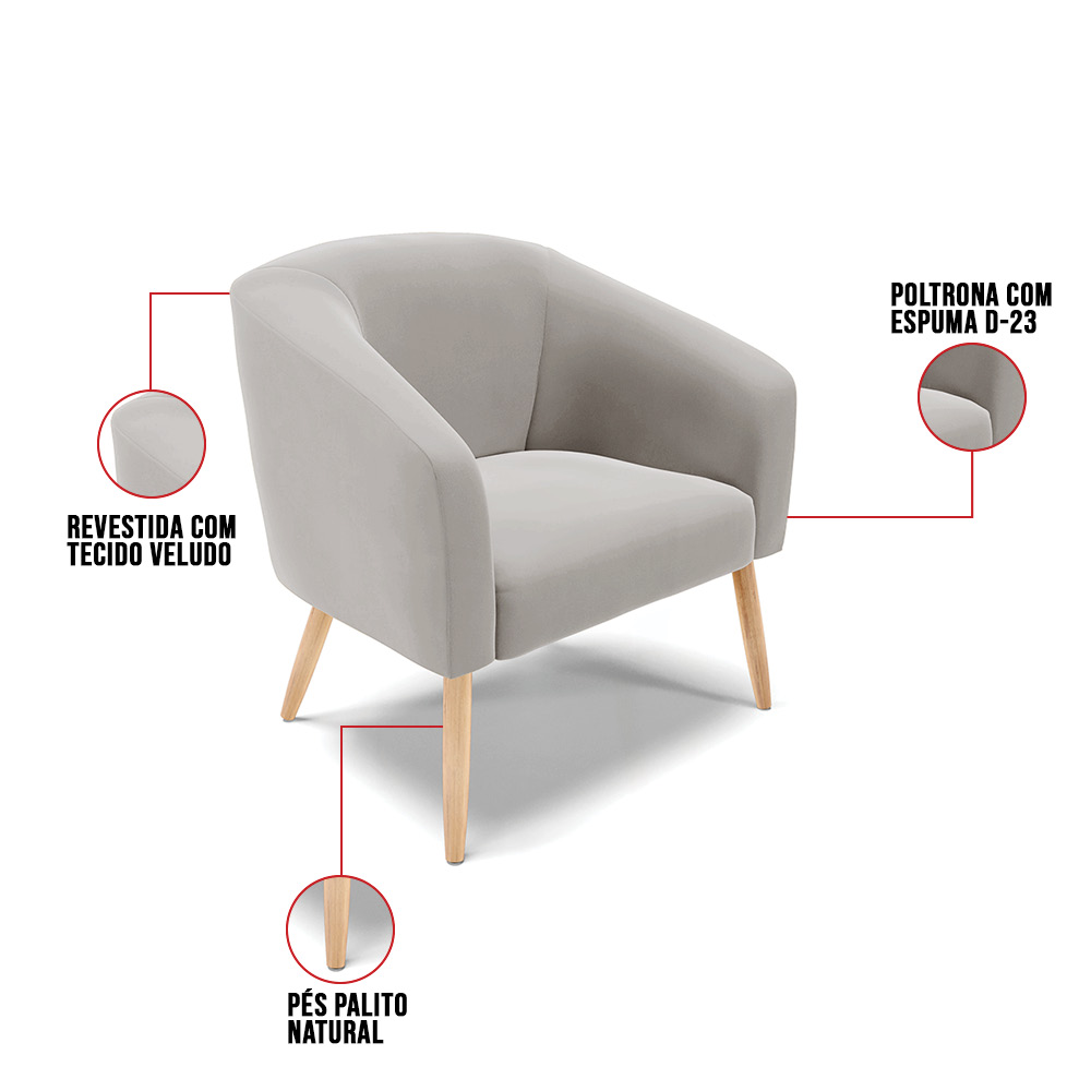 Kit 02 Poltronas Stella Veludo Cinza Pés Palito Natural - D'Rossi