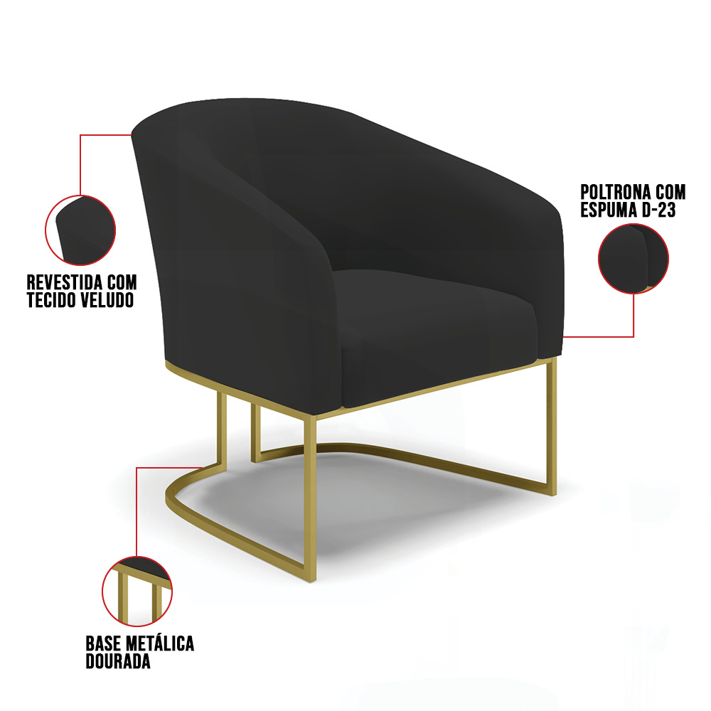 Kit 02 Poltronas Stella Veludo Preto Base Metálica Industrial Dourado - D'Rossi