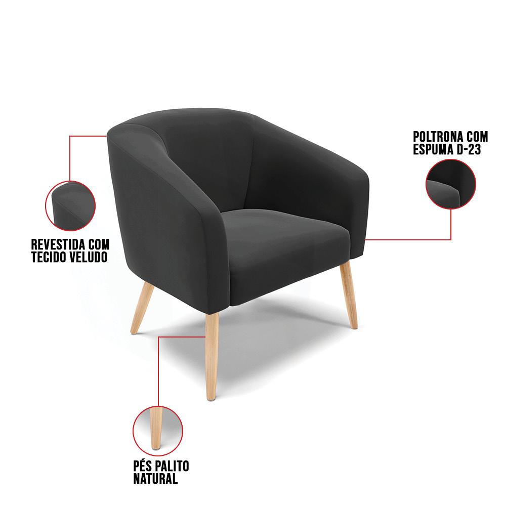 Kit 02 Poltronas Stella Veludo Preto Pés Palito Natural - D'Rossi