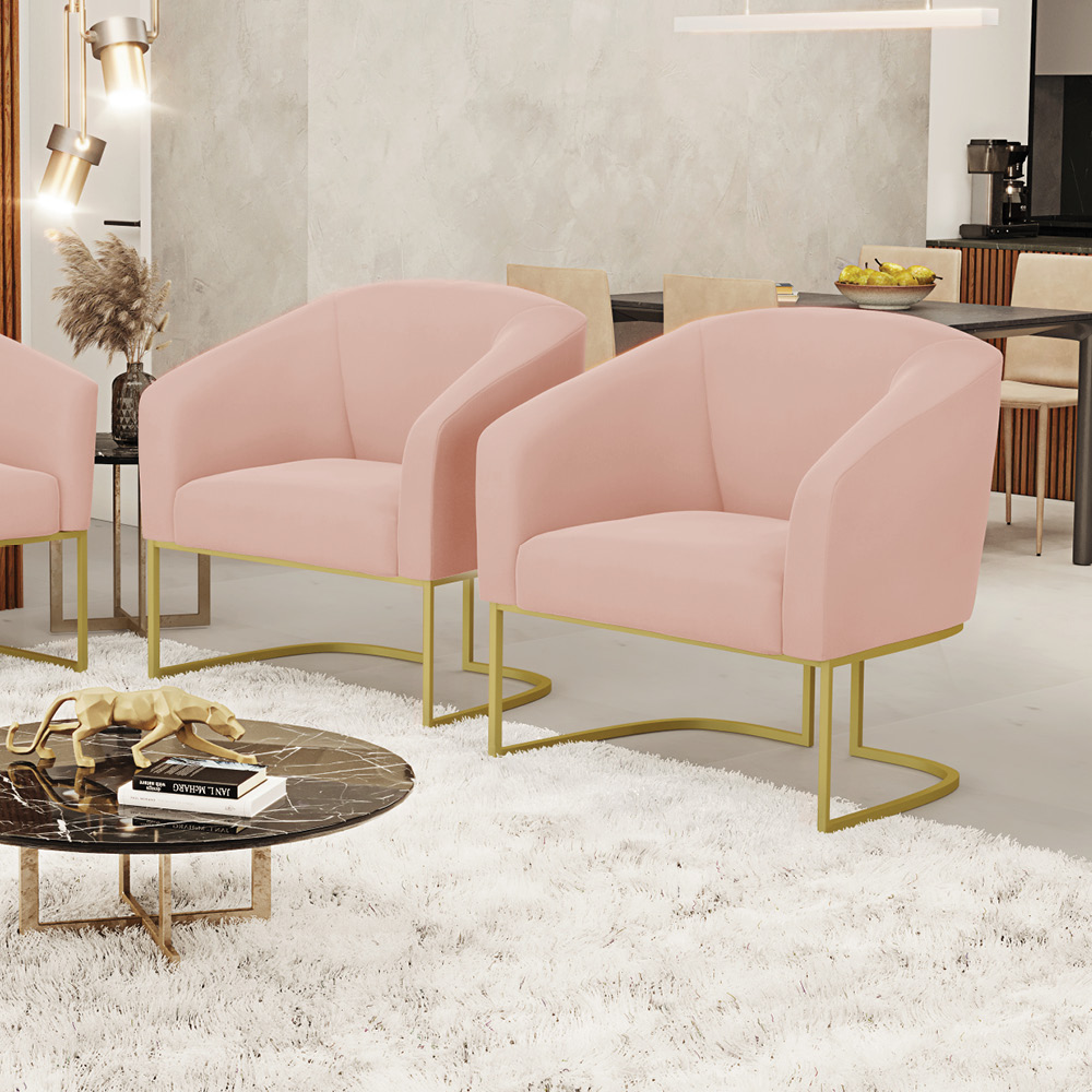 Kit 02 Poltronas Stella Veludo Rosê Base Metálica Industrial Dourado - D'Rossi