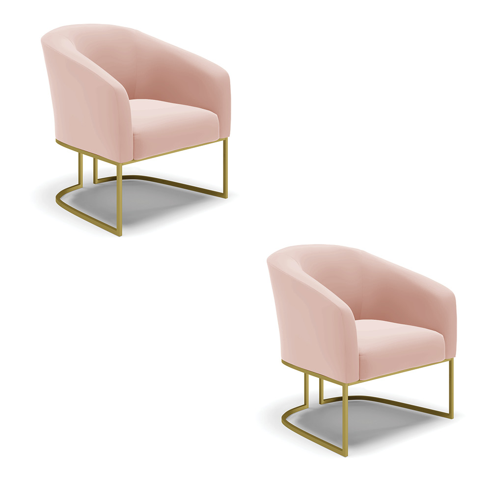 Kit 02 Poltronas Stella Veludo Rosê Base Metálica Industrial Dourado - D'Rossi
