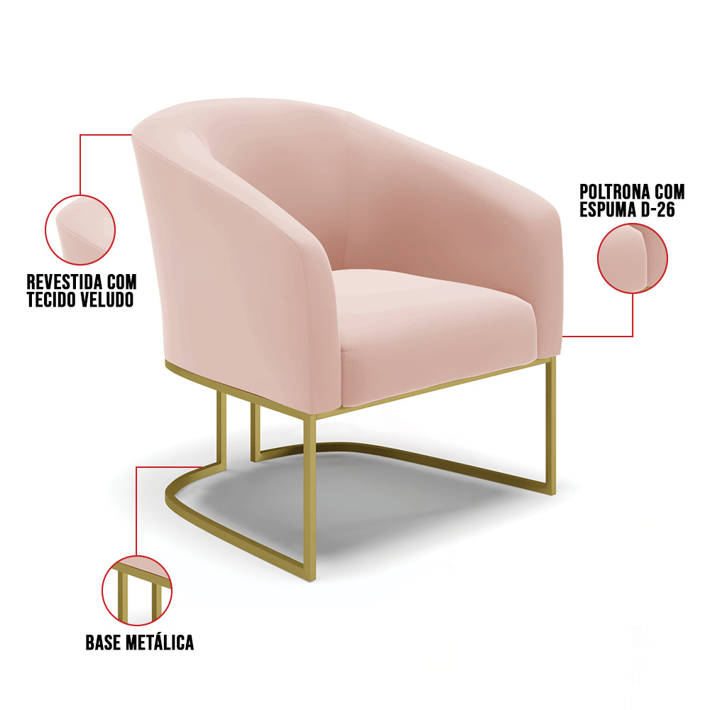 Kit 02 Poltronas Stella Veludo Rosê Base Metálica Industrial Dourado - D'Rossi