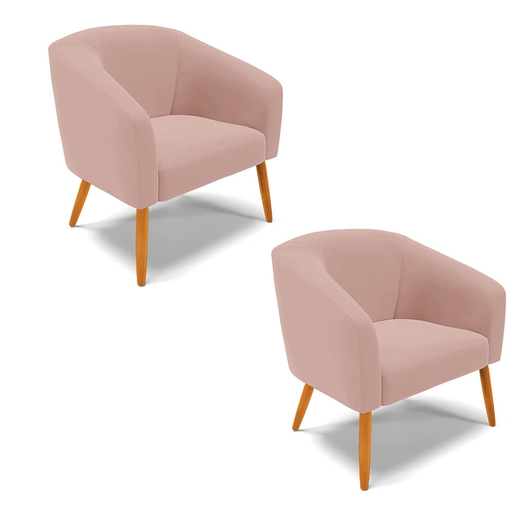 Kit 02 Poltronas Stella Veludo Rosê Pés Palito Castanho D'Rossi