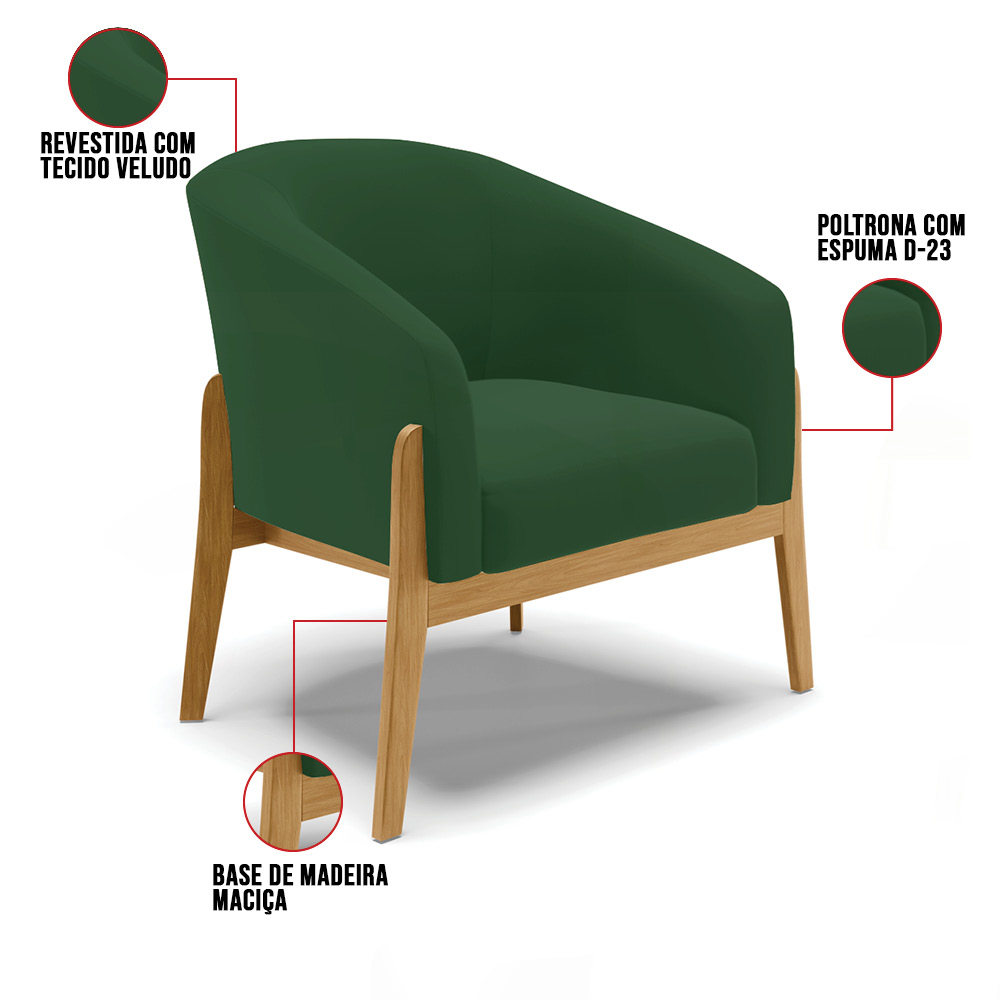 Kit 02 Poltronas Stella Veludo Verde Base Madeira Castanho - D'Rossi