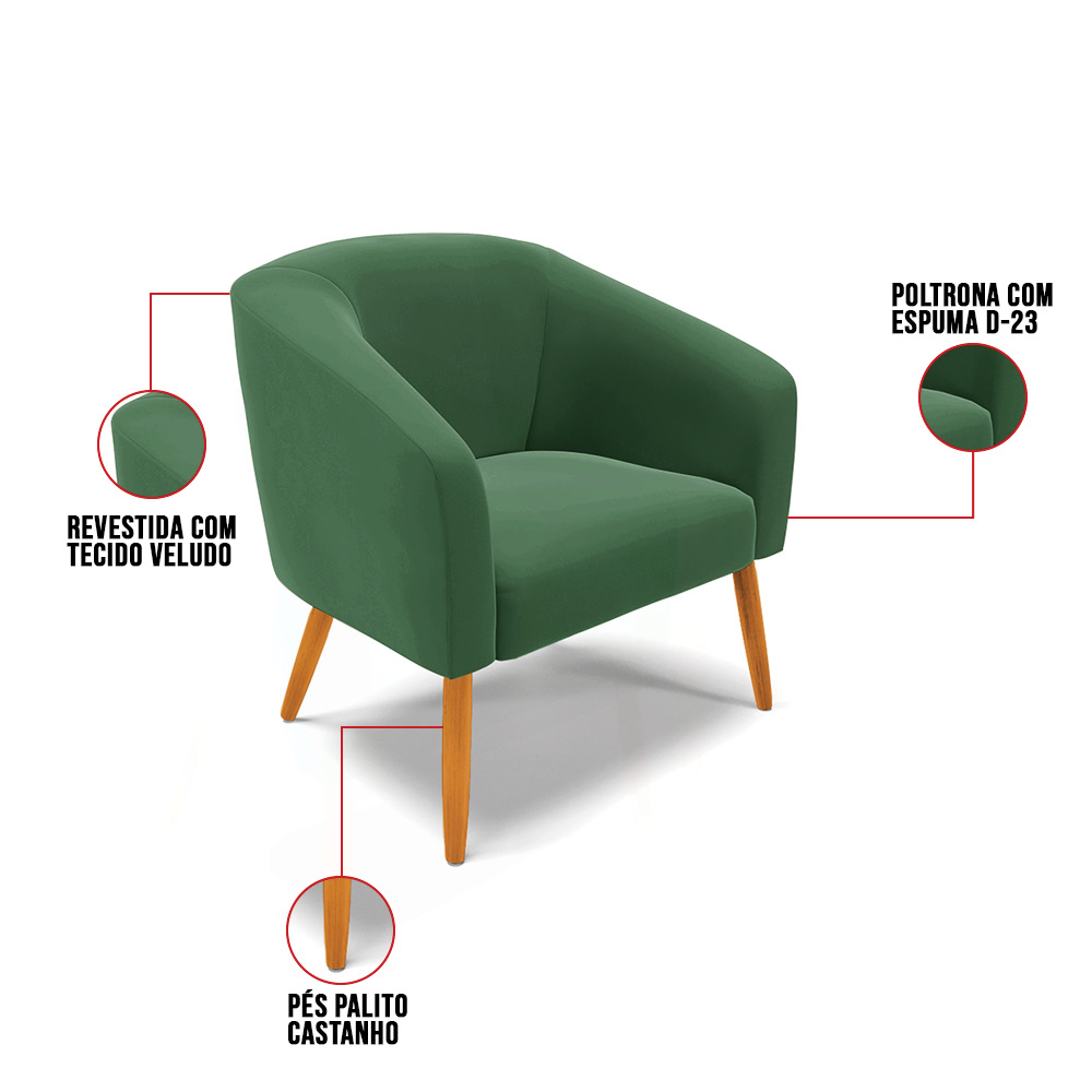 Kit 02 Poltronas Stella Veludo Verde Esmeralda Pés Palito Castanho D'Rossi